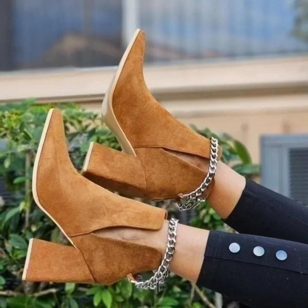Tan Women’s Faux Suede Chelsea Boots Block Heel with Silver Chain Detail - Picture 4 of 5